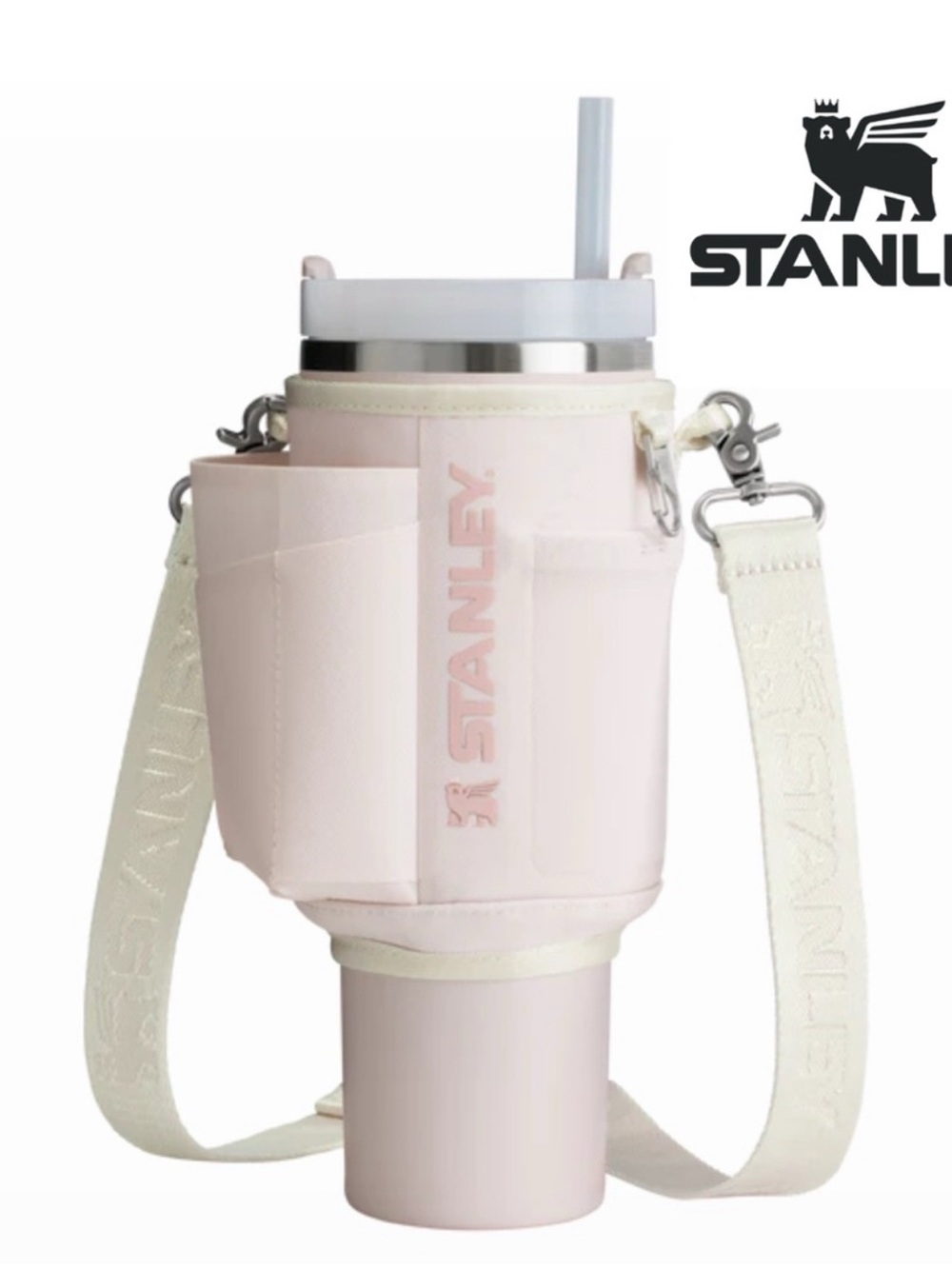 Stanley Pale Pink Crossbody Tumbler Carrier with Cream Strap